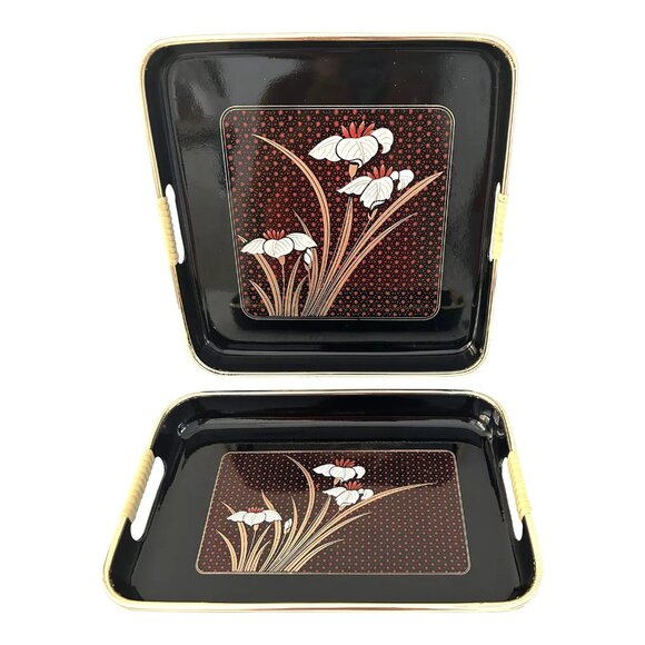 Vintage Toyo Japan Black Lacquerware White Lilly Nesting Trays, a Pair - Picture 1 of 5